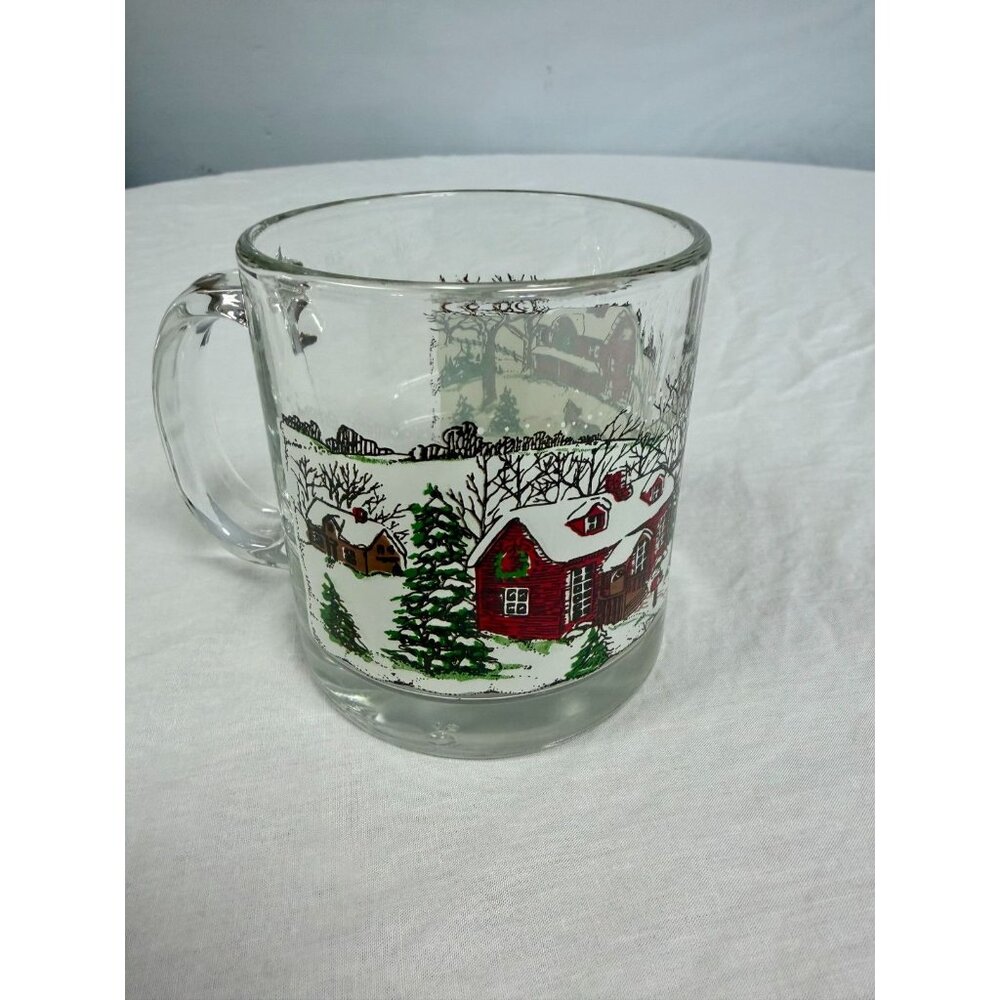 LIBBEY Glass Winter Village Clear Mug Coffee Tea Cup Horse Sleigh Snow Scene USA
